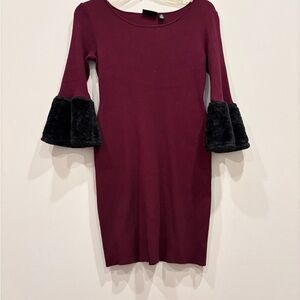 Nina Leonard Burgundy Dress with Black Fur Cuffs